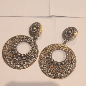 Antique-Style Filigree Gold Drop Hoop Earrings